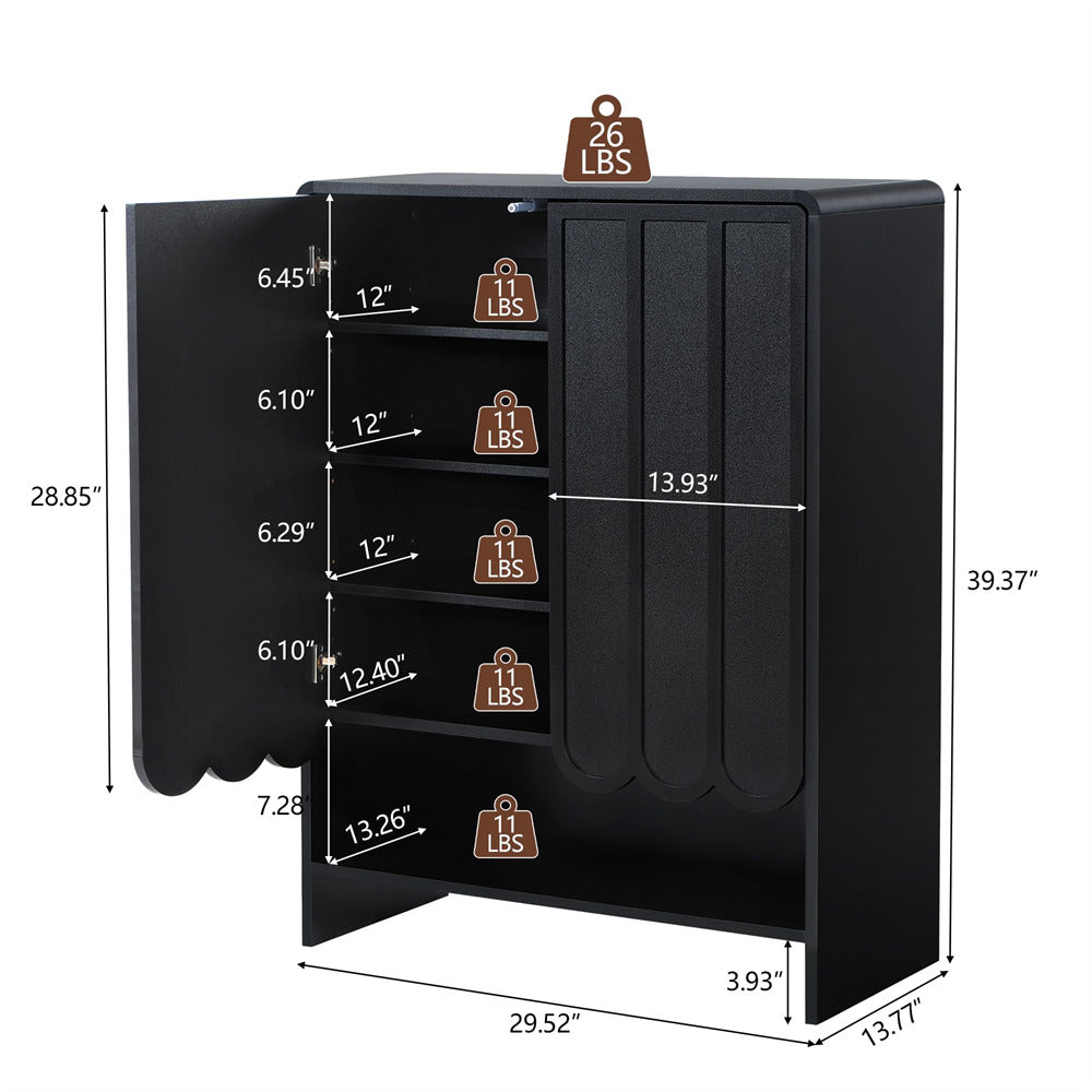 Black storage unit with labeled weight capacities and dimensions on a white background