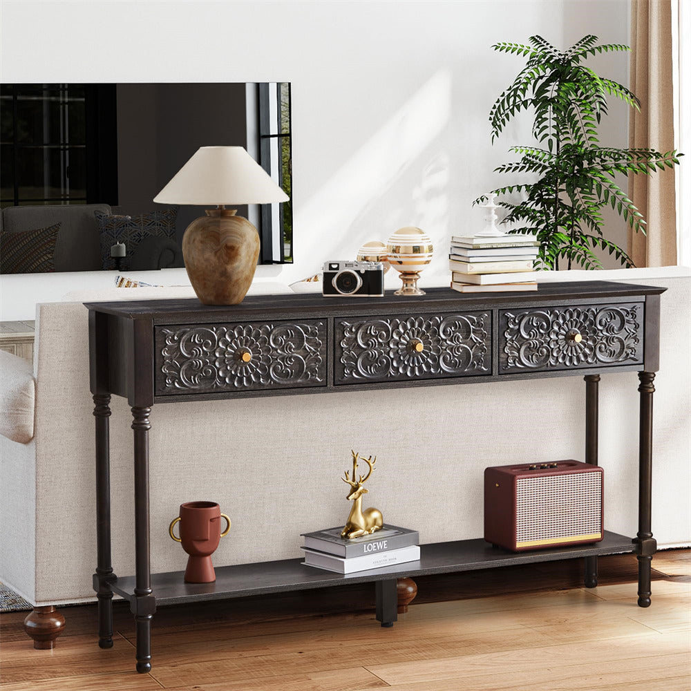 Black 55.5" Mid-Century Modern 2-Tier Carved Console Table with 3 Drawers and Wood Legs