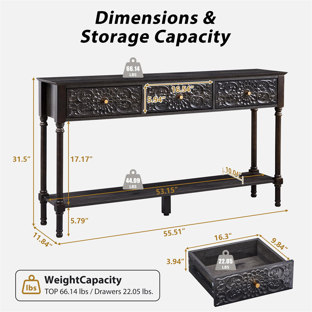 Dimensions and storage capacity of a decorative console table with measurements and weight capacity displayed.