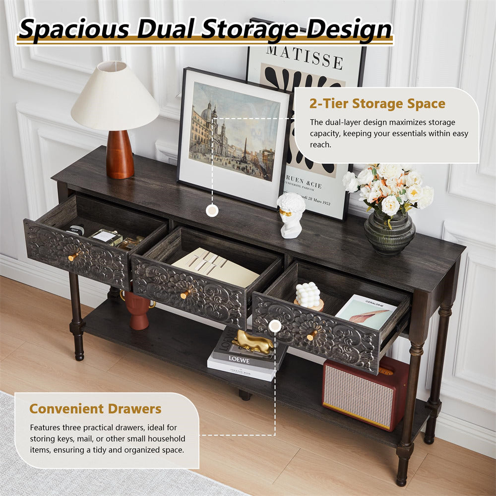 Dark wooden console table with two-tier storage design and convenient drawers in a room setting.