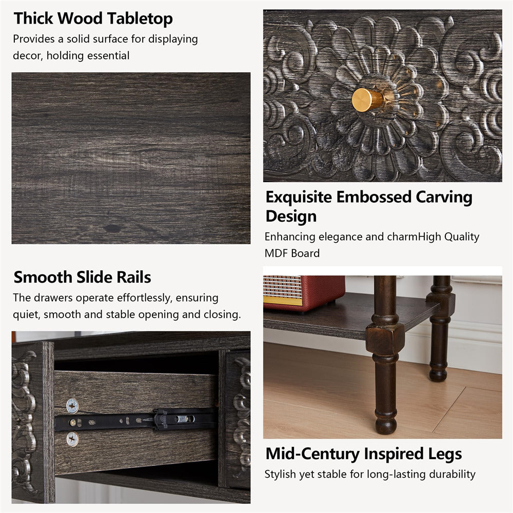 Wooden table with thick wood tabletop, embossed carving, smooth slide rails, and mid-century inspired legs.