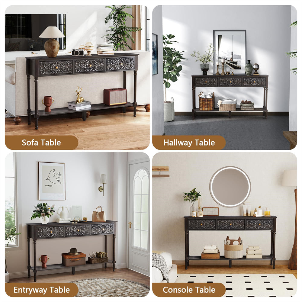 Collage of different types of console tables in various rooms.
