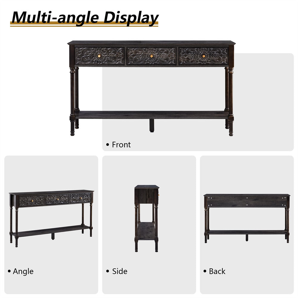 Black console table shown from front, angle, side, and back views on a white background.