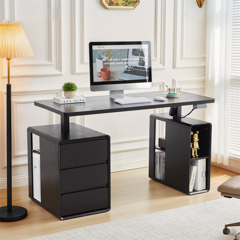 Black office desk with computer setup in a home office setting
