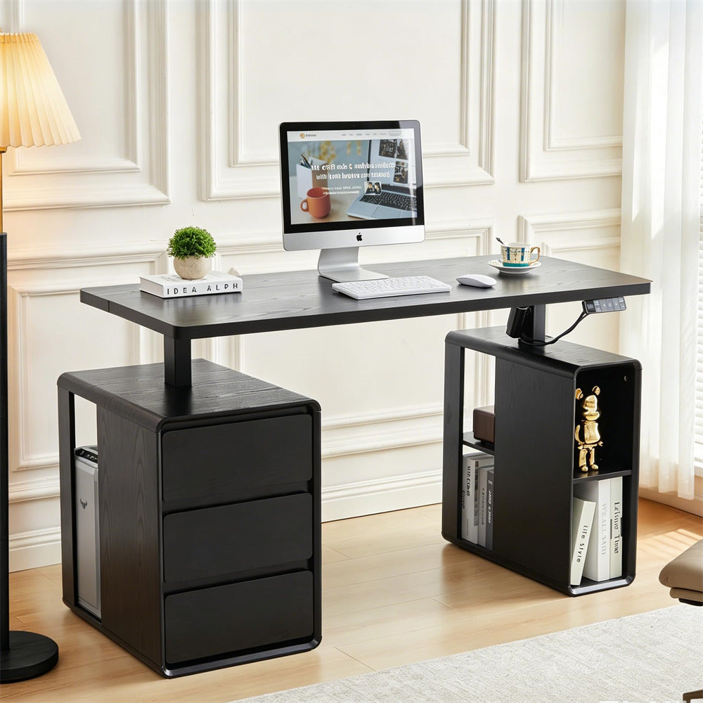 Black 55" Electric Standing Desk Wood Sit Stand Desks with 3 Drawers and Storage Shelf