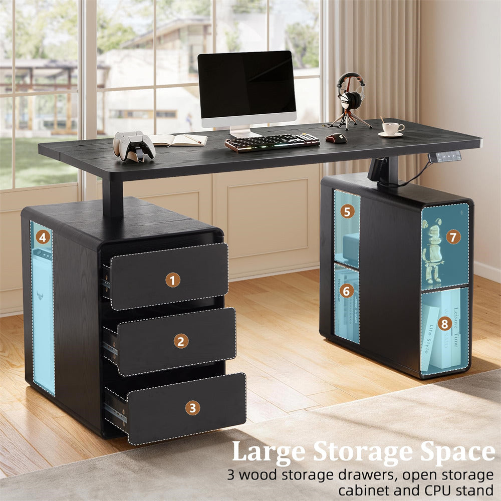 Black computer desk with storage drawers and CPU stand in a home office setting.