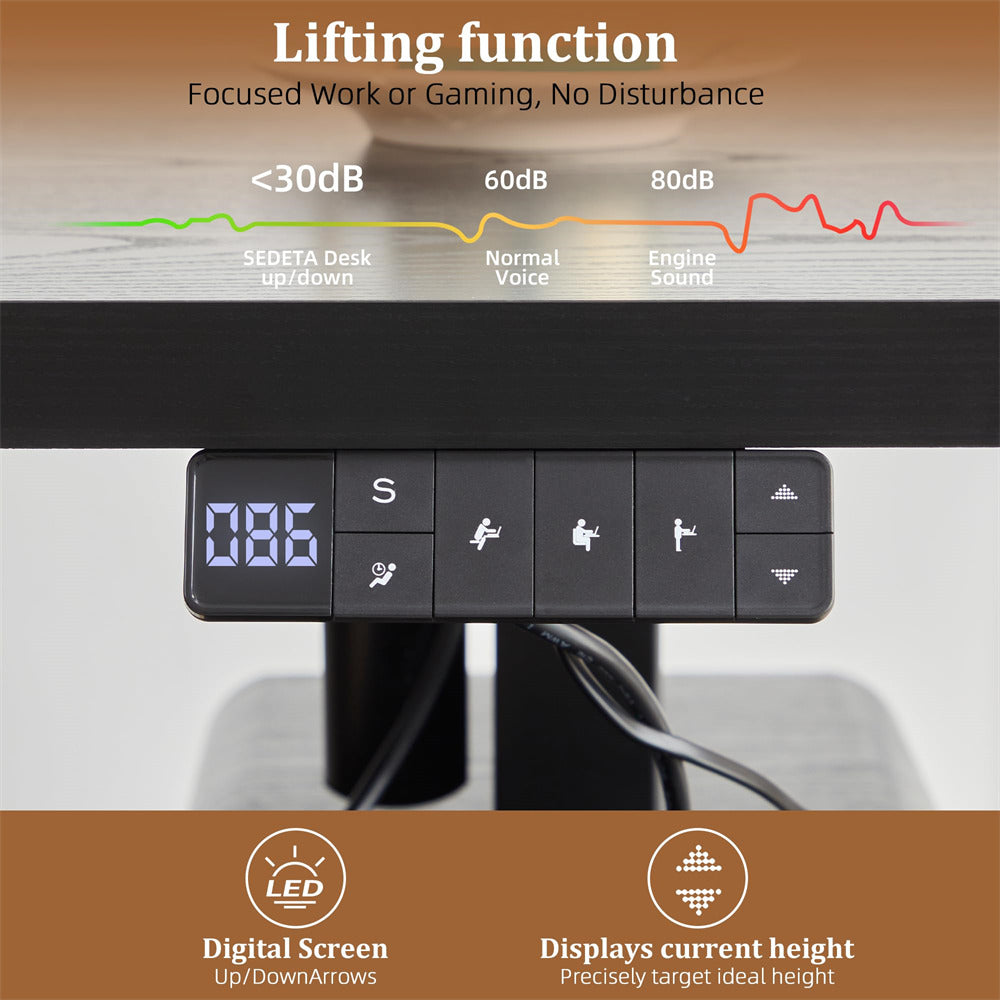 Control panel of a adjustable desk with digital display and buttons, featuring noise level indicators.