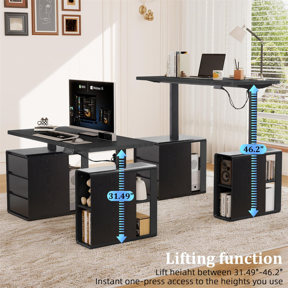 Black 55" Electric Standing Desk Wood Sit Stand Desks with 3 Drawers and Storage Shelf