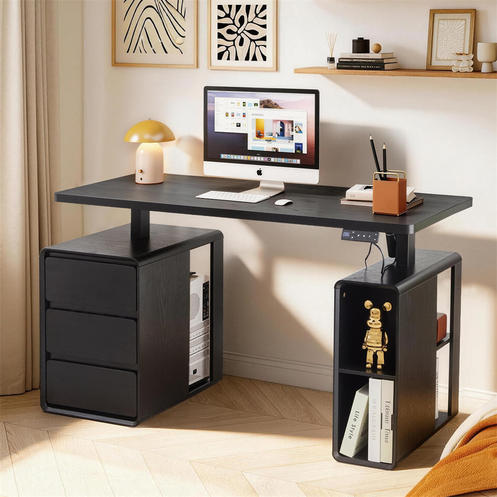 Black 55" Electric Standing Desk Wood Sit Stand Desks with 3 Drawers and Storage Shelf