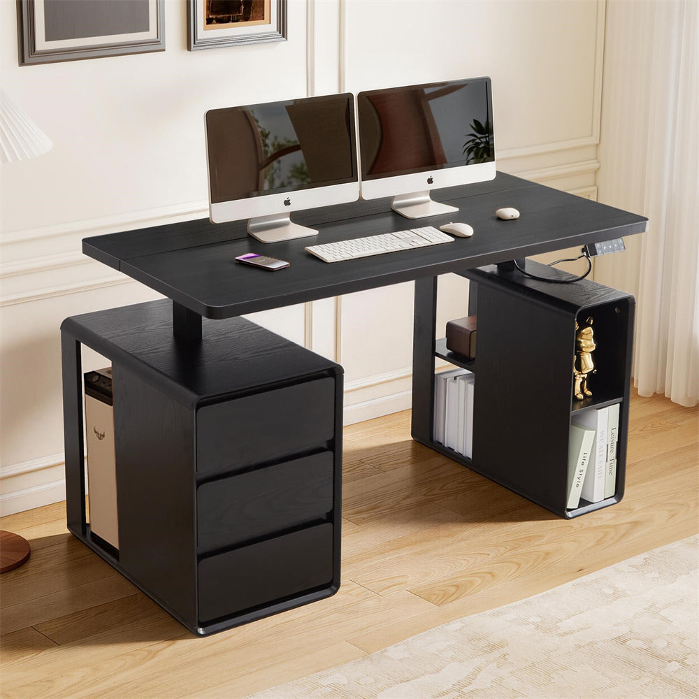 Black 55" Electric Standing Desk Wood Sit Stand Desks with 3 Drawers and Storage Shelf