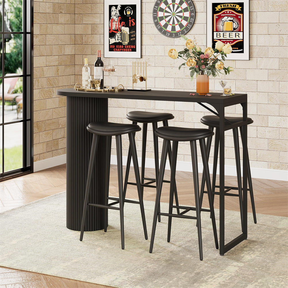Black 55" Modern Fluted Wood Bar Table with Sturdy Metal Frame