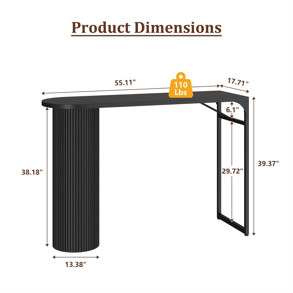 Product dimensions of a black desk with weight label on a white background