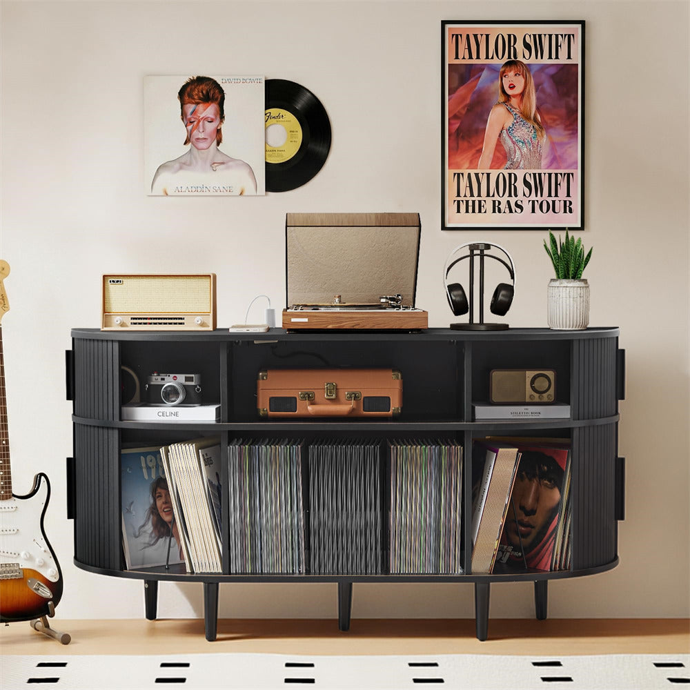 Black 55'' Wood Vinyl Record Player Stand Storage Cabinet with Charging Station & USB Ports