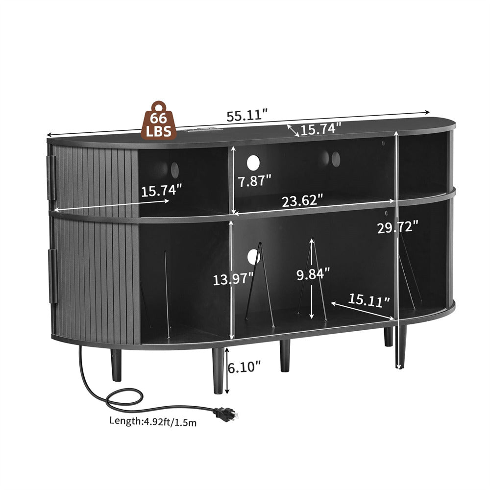Black TV stand with measurements on a white background