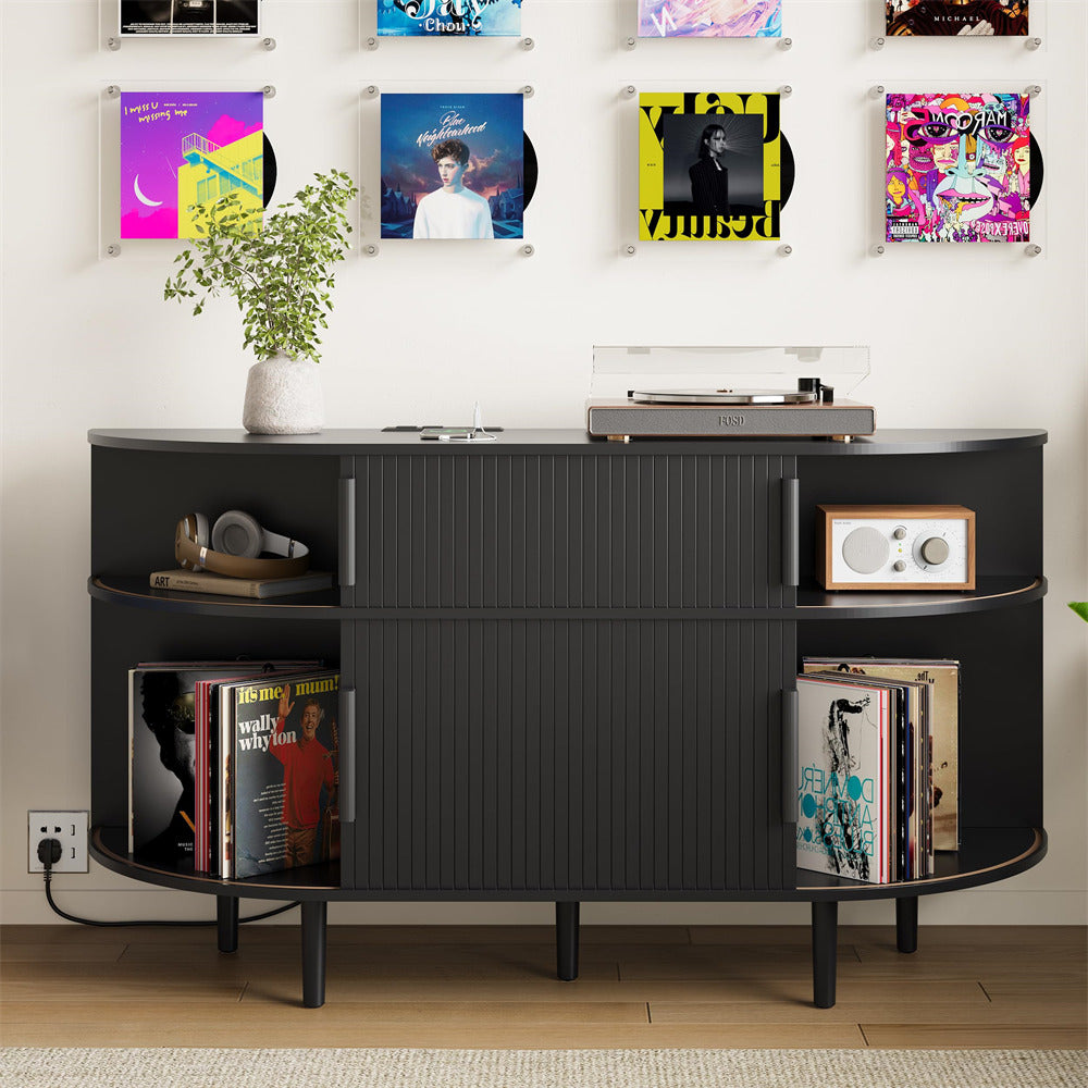 Black entertainment console with records, books, and decor in a room setting.