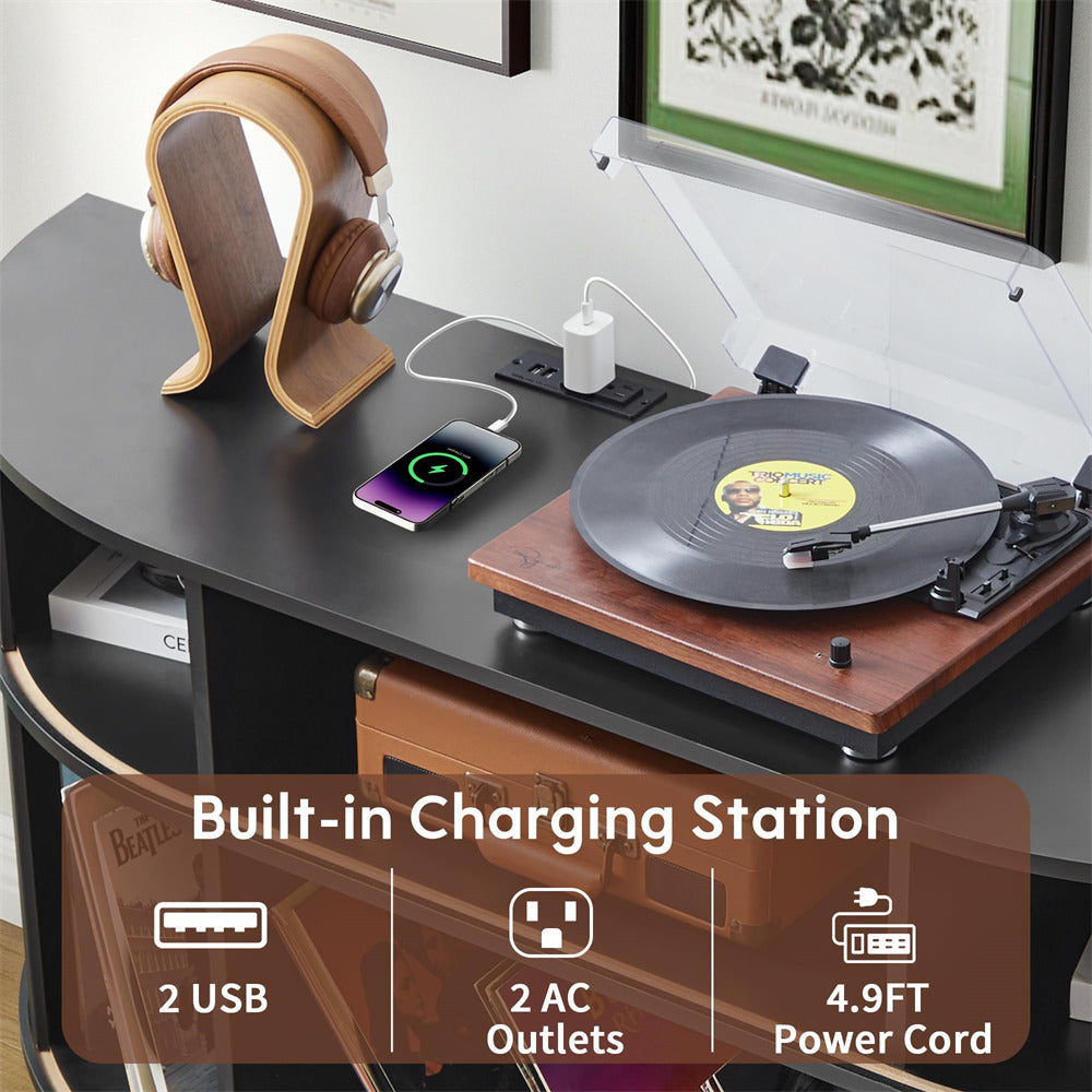Turntable with built-in charging station on a desk