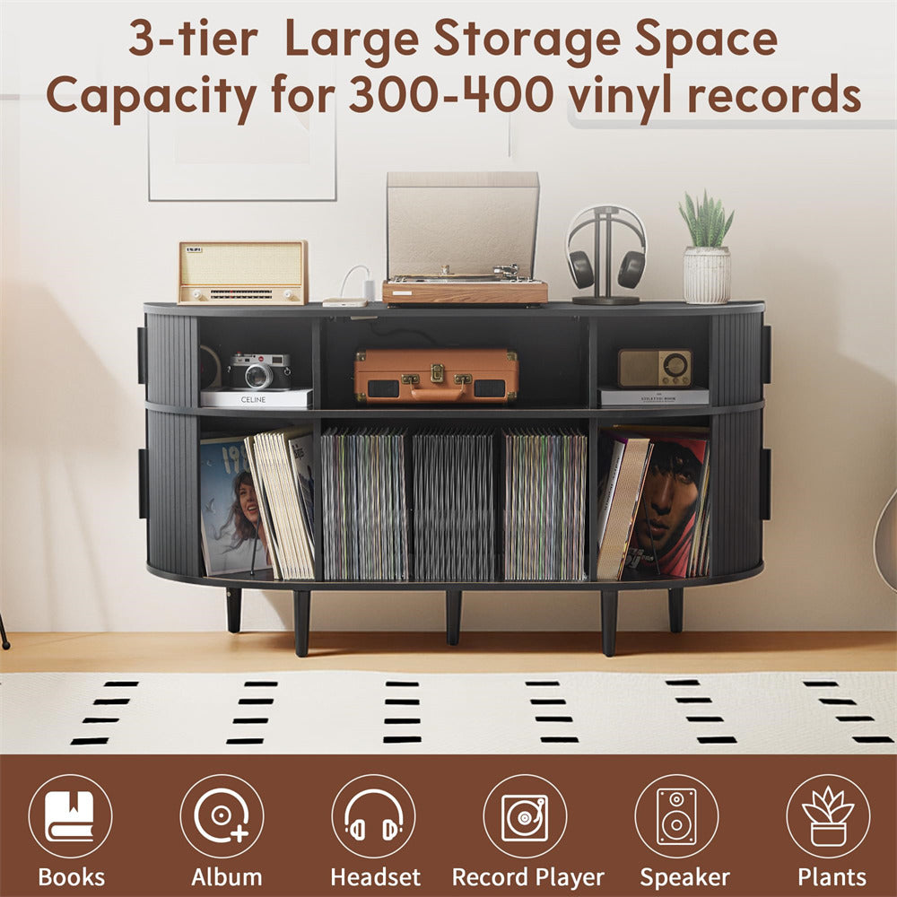 Black 55'' Wood Vinyl Record Player Stand Storage Cabinet with Charging Station & USB Ports