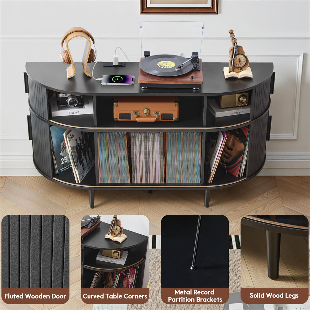 Black 55'' Wood Vinyl Record Player Stand Storage Cabinet with Charging Station & USB Ports