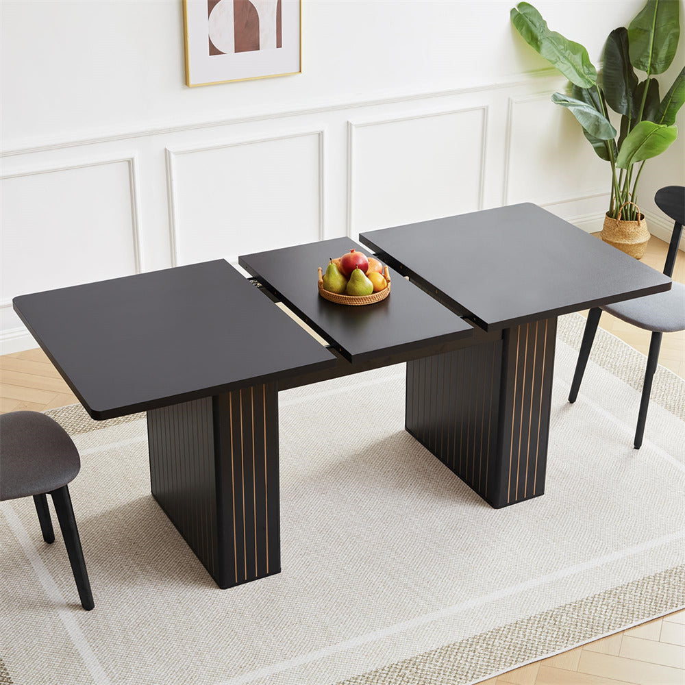 Black 55 in–71 in Extendable Rectangular Kitchen Dining Table with Carved Line Base for 4–8