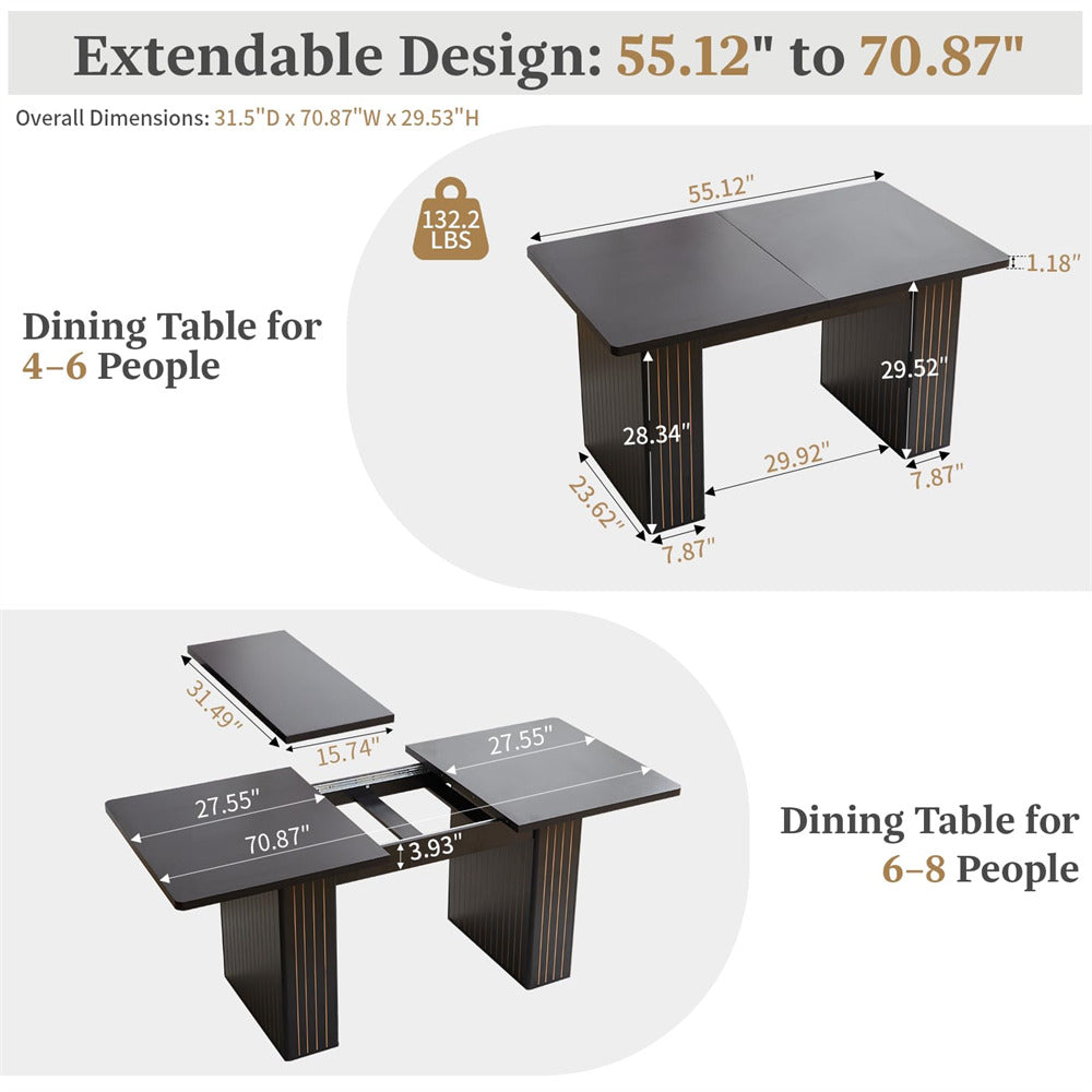 Black 55 in–71 in Extendable Rectangular Kitchen Dining Table with Carved Line Base for 4–8