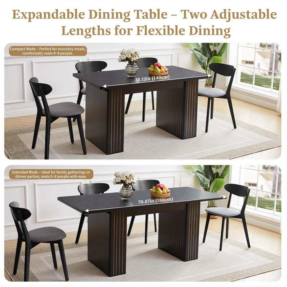 Black 55 in–71 in Extendable Rectangular Kitchen Dining Table with Carved Line Base for 4–8