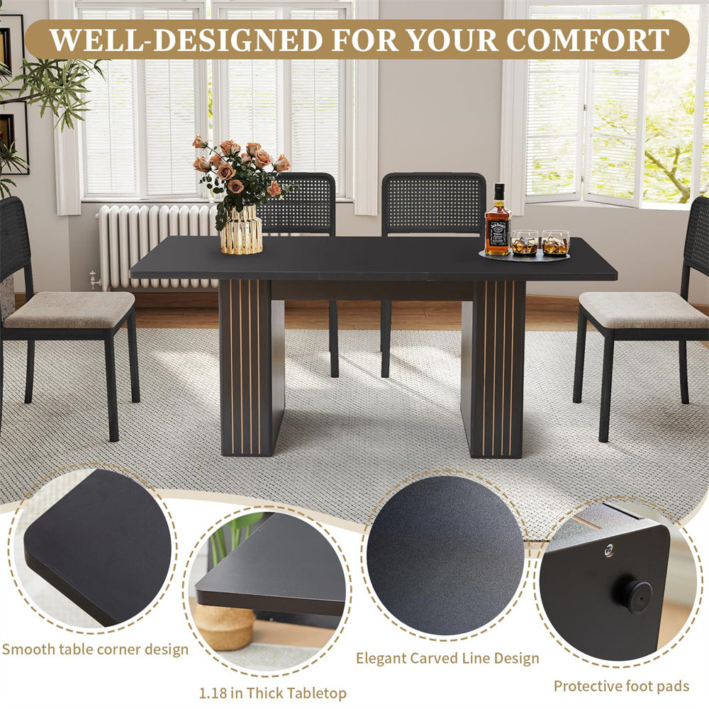 Black 55 in–71 in Extendable Rectangular Kitchen Dining Table with Carved Line Base for 4–8