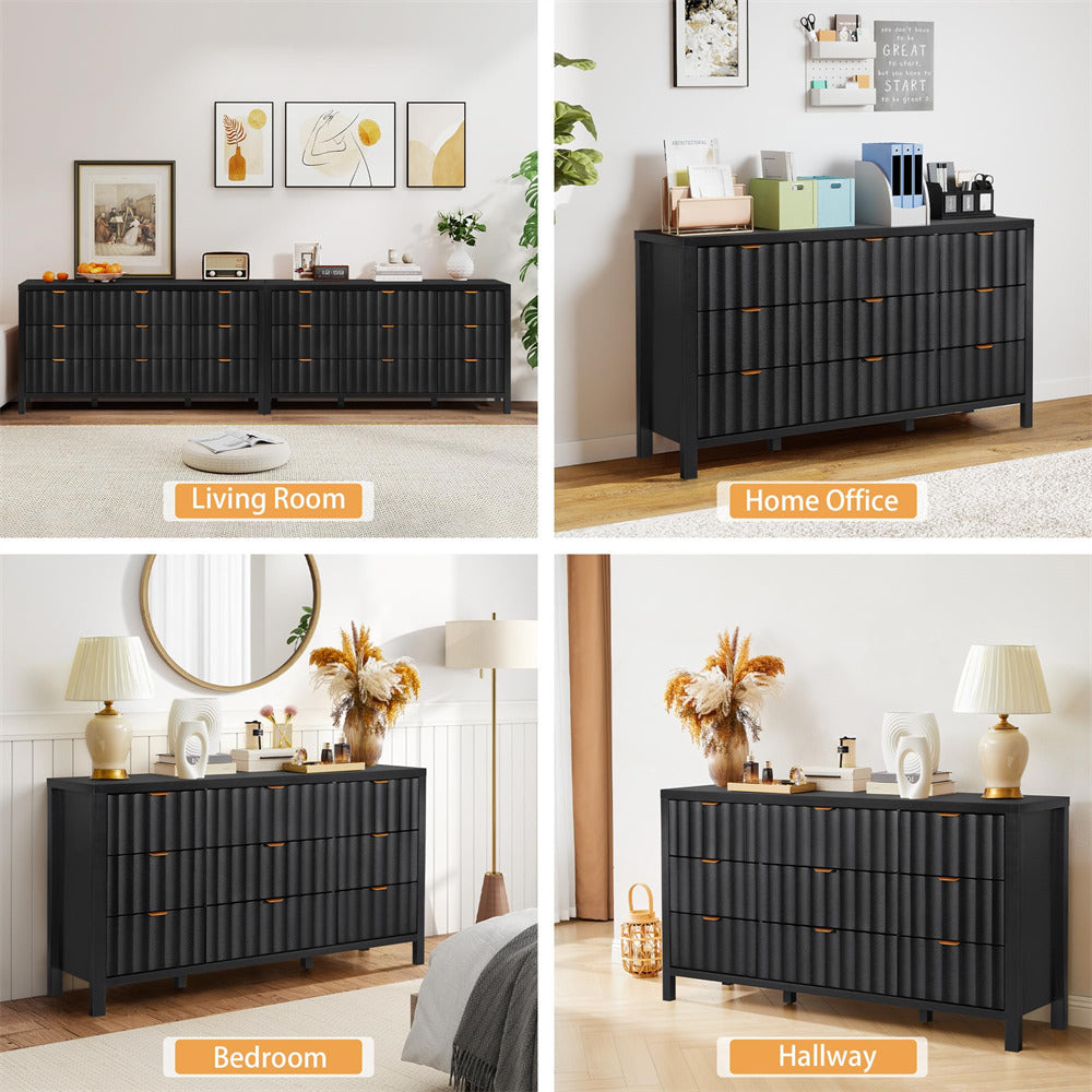 Black dresser shown in various room settings including living room, home office, bedroom, and hallway.