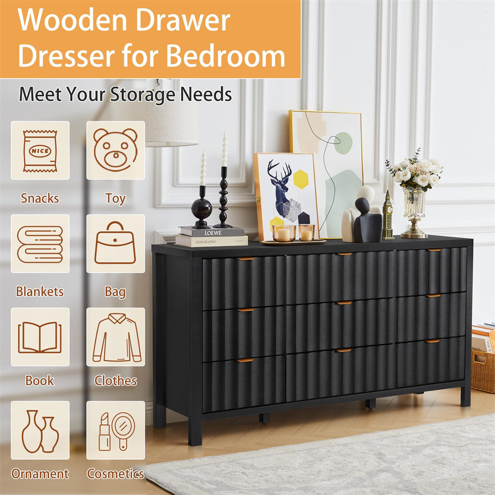 Black wooden dresser with storage icons and text about its use in a bedroom.