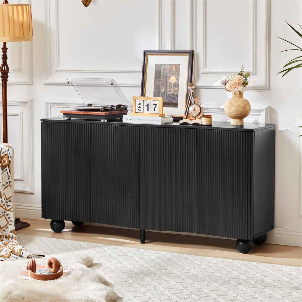Black 58" Curved Wave Fluted Sideboard Buffet Storage Cabinet with 4 Doors and Adjustable Shelves