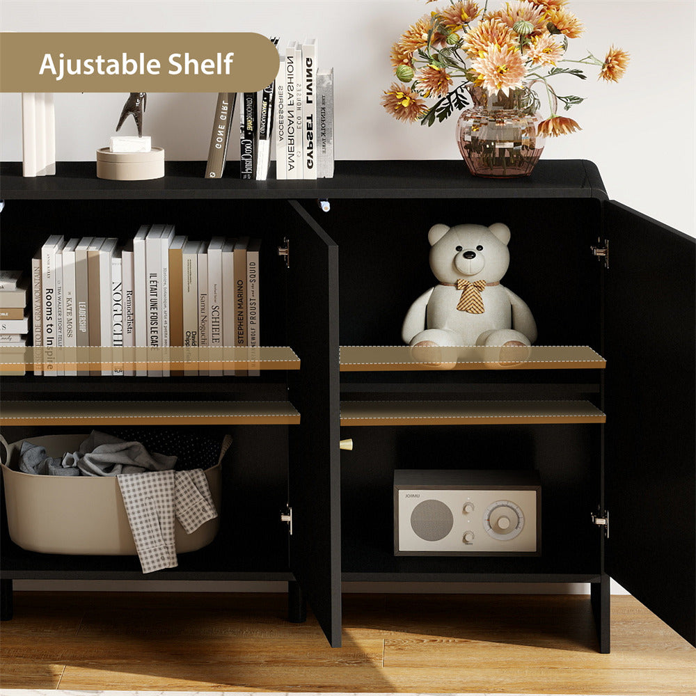 Black bookshelf with adjustable shelves, books, a teddy bear, and a radio on a wooden floor.
