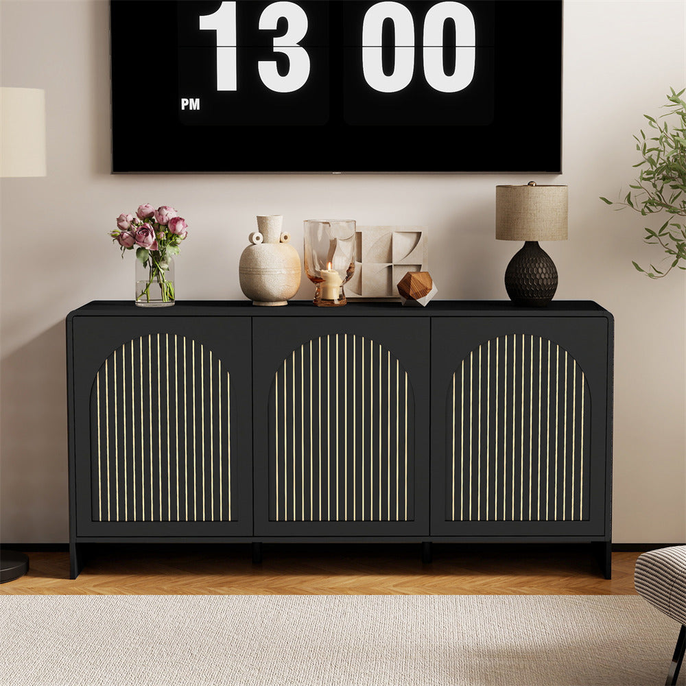 Black sideboard with decorative items and a digital clock above in a living room setting.