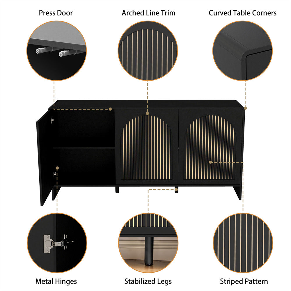 Black cabinet with detailed features labeled on a white background