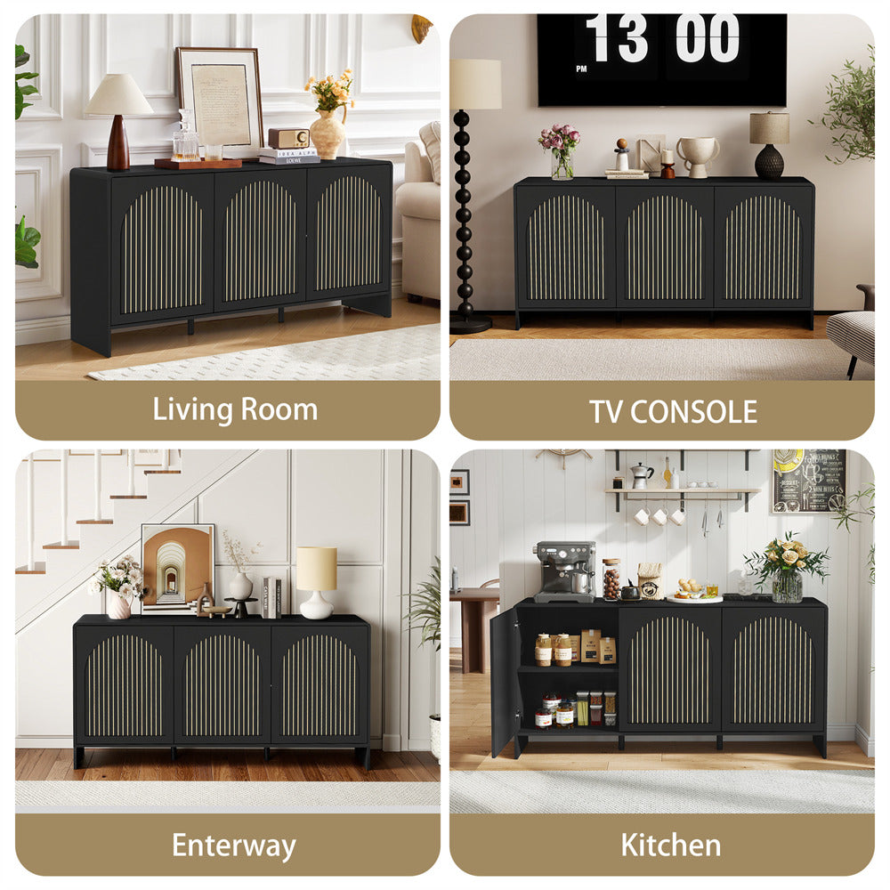 Black TV console shown in different settings: living room, TV console, enterway, and kitchen.