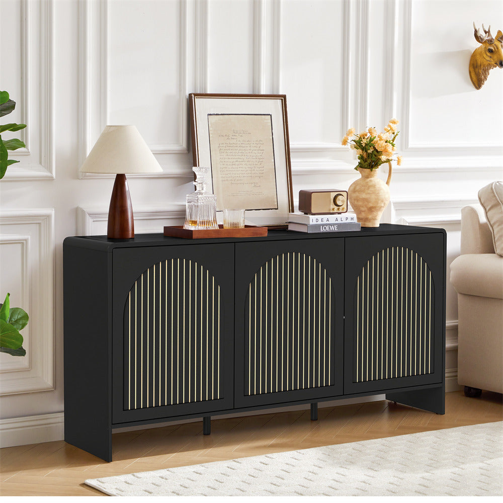 Black sideboard with decorative items in a living room setting