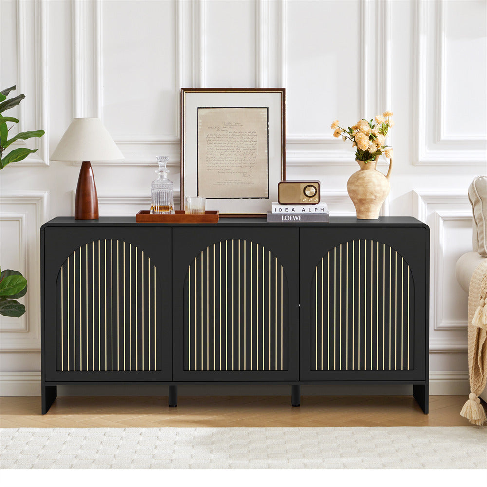 Black sideboard with decorative items in a living room setting