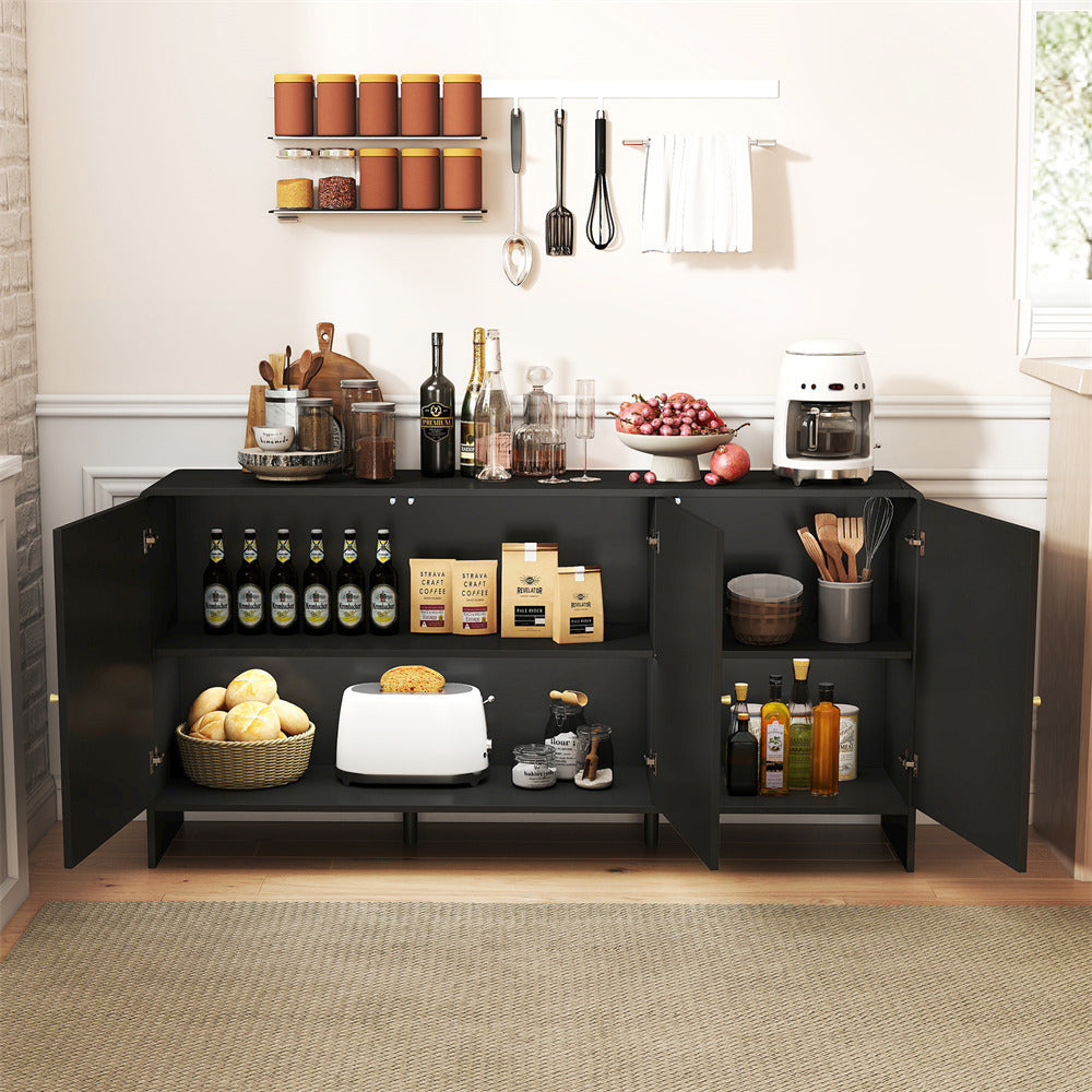 Black kitchen island with various appliances and food items in a modern kitchen.