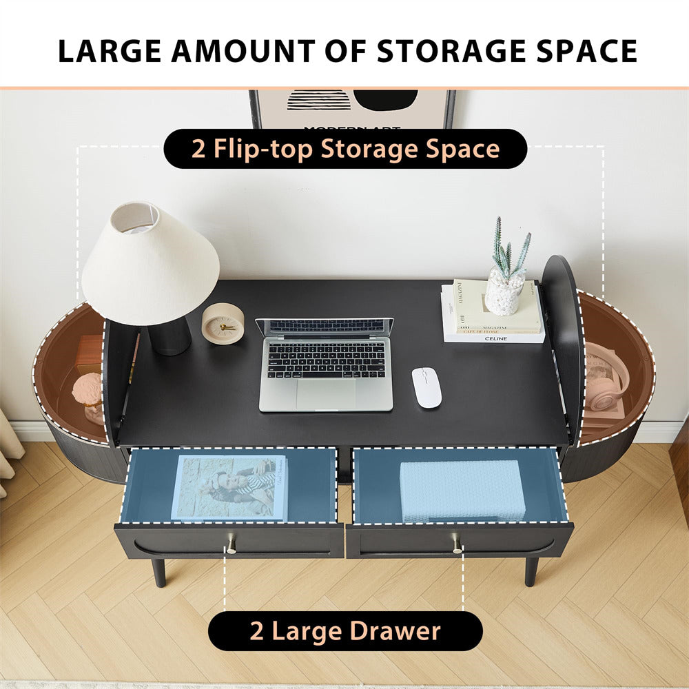 Black desk with flip-top storage space and large drawers, featuring a laptop and office items.