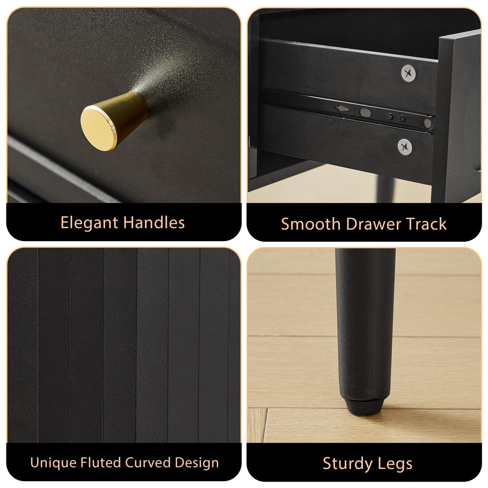Collage of a black desk with features labeled: elegant handles, smooth drawer track, unique fluted curved design, and sturdy legs.