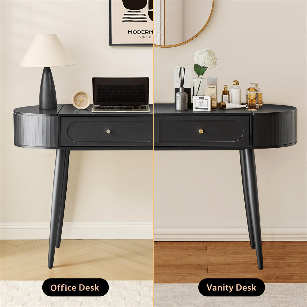 Black desk with a laptop on one side and vanity items on the other, labeled 'Office Desk' and 'Vanity Desk'.
