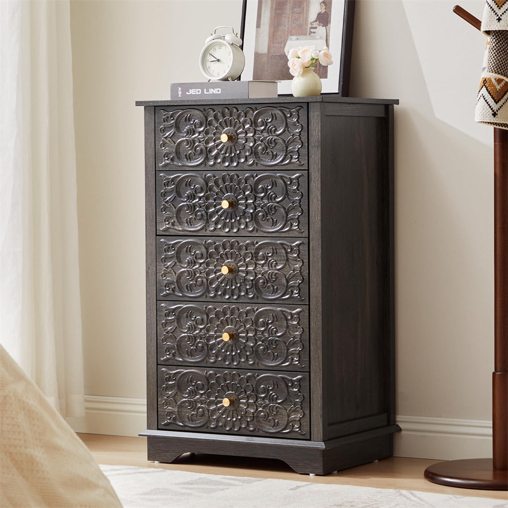 Black 5 Drawer Dresser Slim Small Wooden Storage Cabinet with Carved Floral Front and Gold Handles