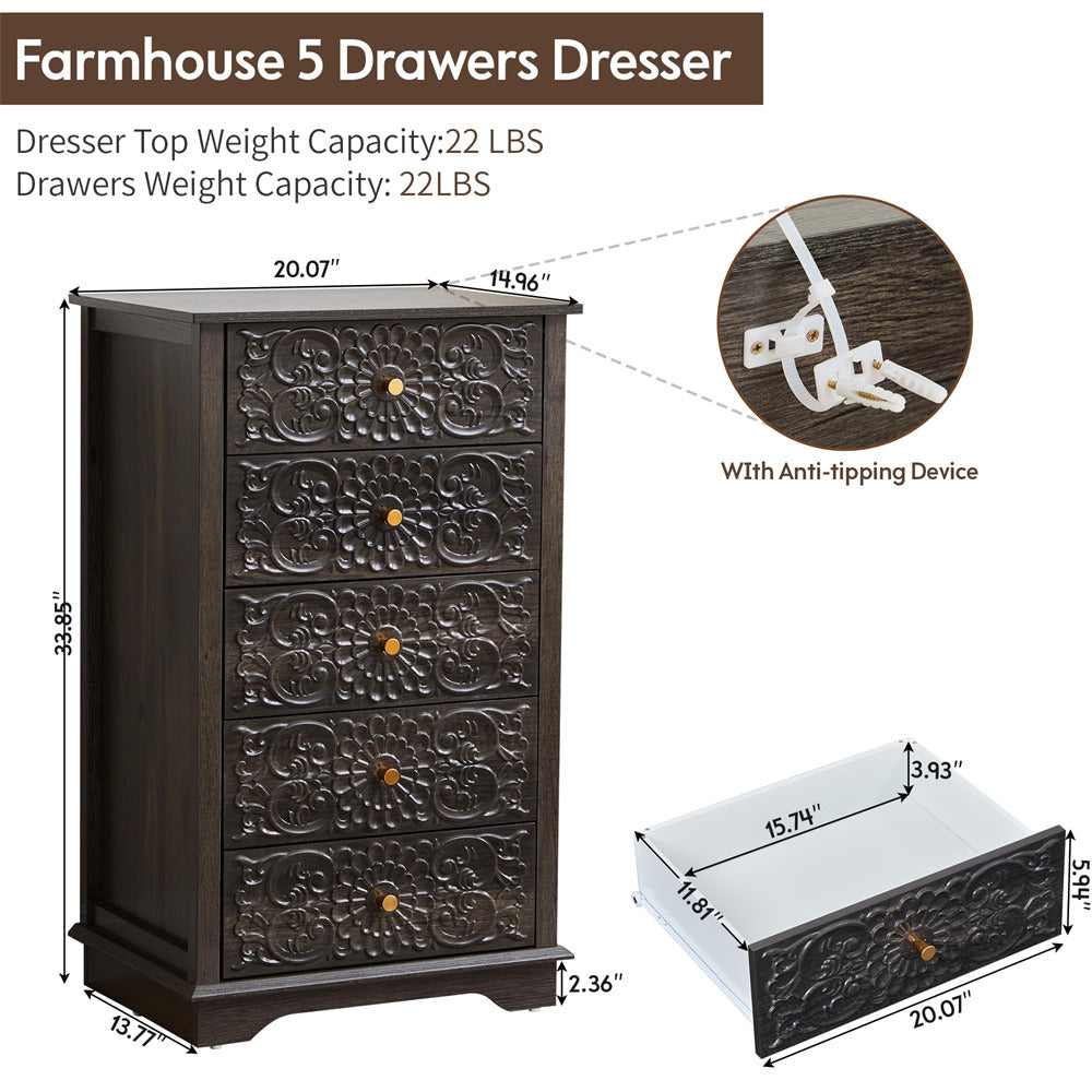 Farmhouse 5 Drawers Dresser with dimensions and weight capacity details on a white background
