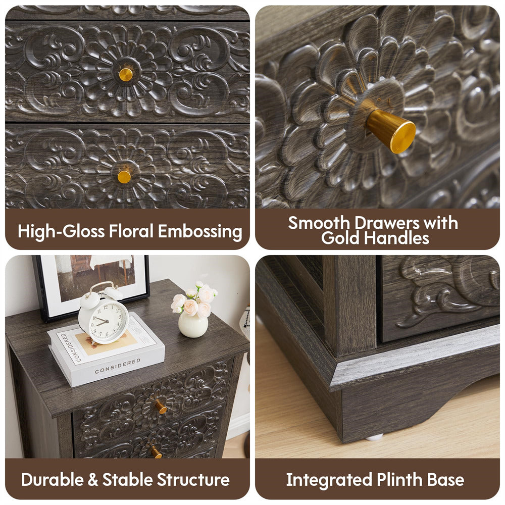 Collage of a wooden furniture piece with floral embossing, gold handles, and stable base.