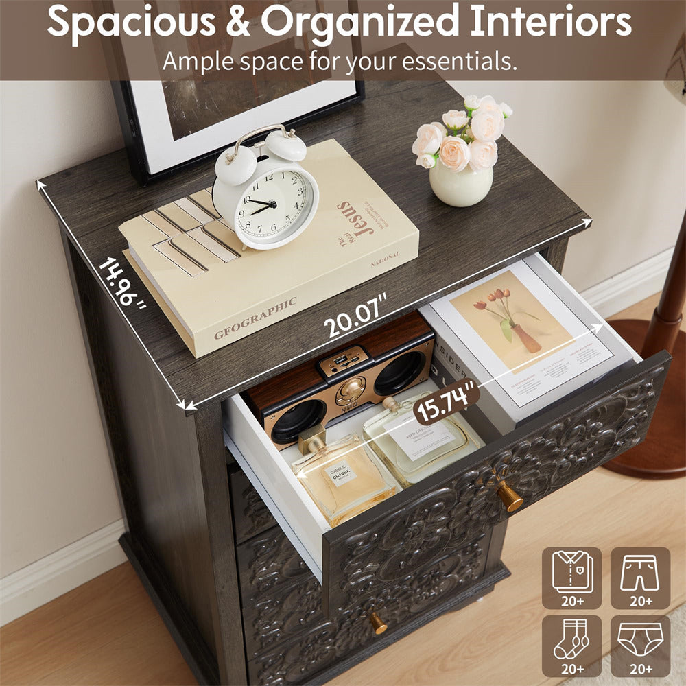 Wooden nightstand with open drawer displaying items, measurements indicated, and text about spacious interiors.
