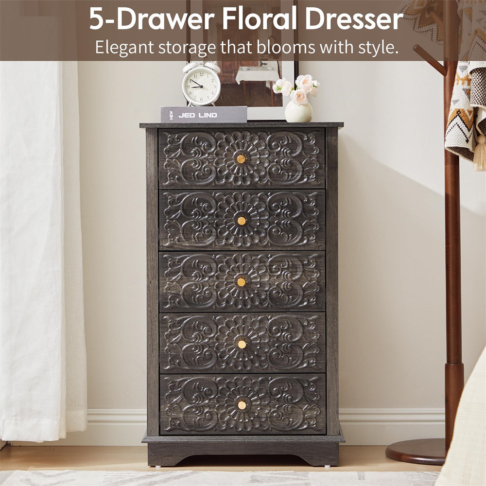 5-Drawer Floral Dresser with decorative floral patterns on a neutral background