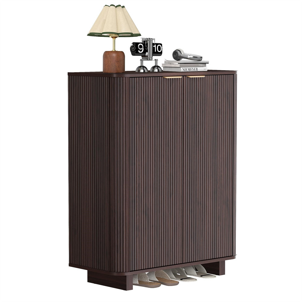 Brown 5 Tier cabinet with decorative items on a white background