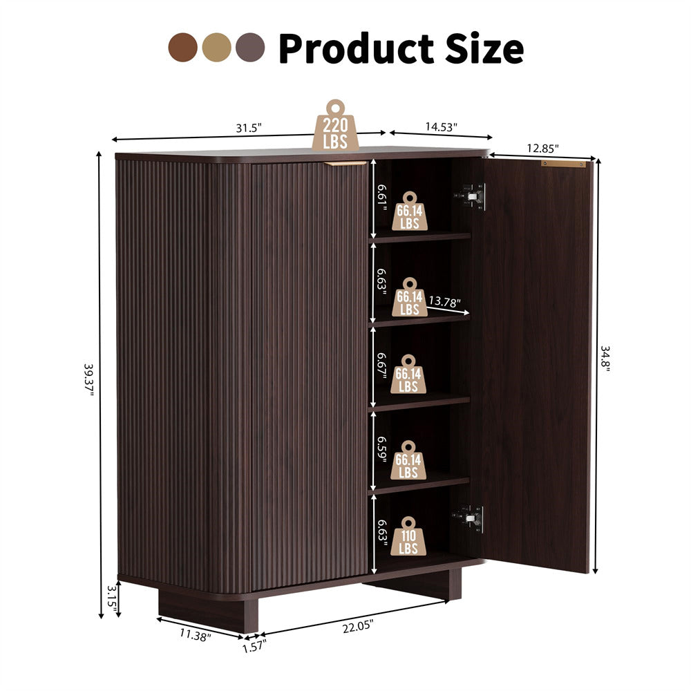 Wooden 5 Tier cabinet with dimensions and weight capacity indicated on a white background