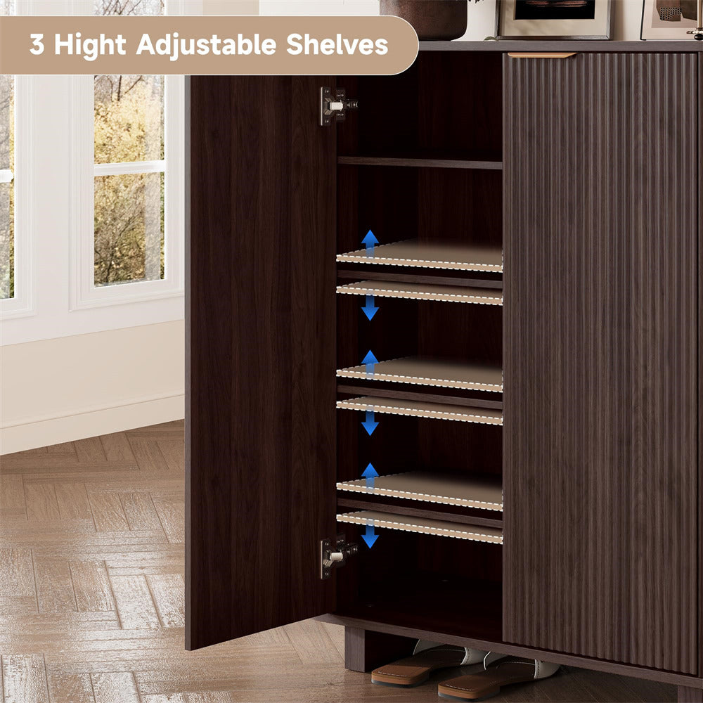 Wooden 5 Tier cabinet with open door showing adjustable shelves in a room with a window.
