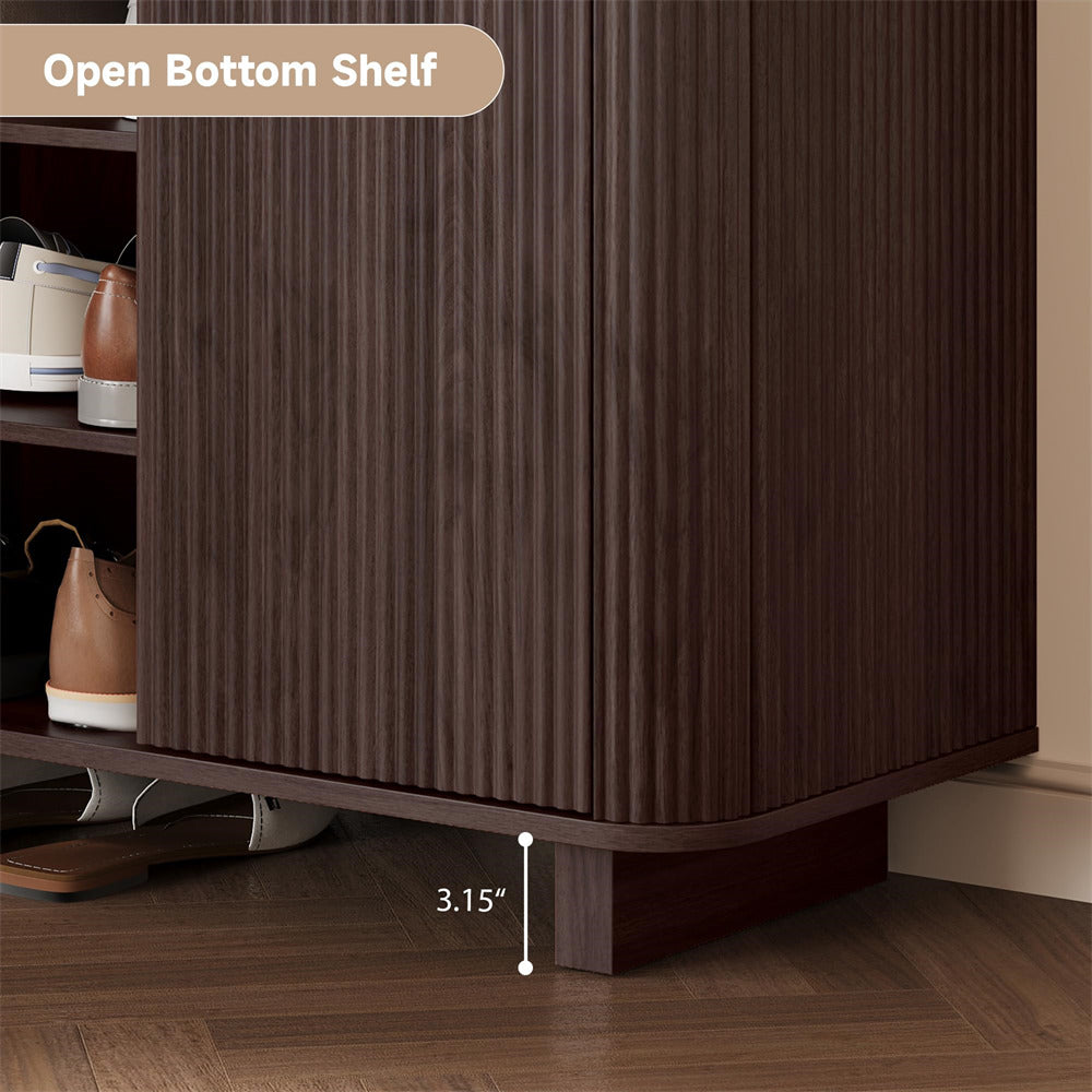Brown shoe cabinet with open bottom shelf showing measurement of 3.15 inches.