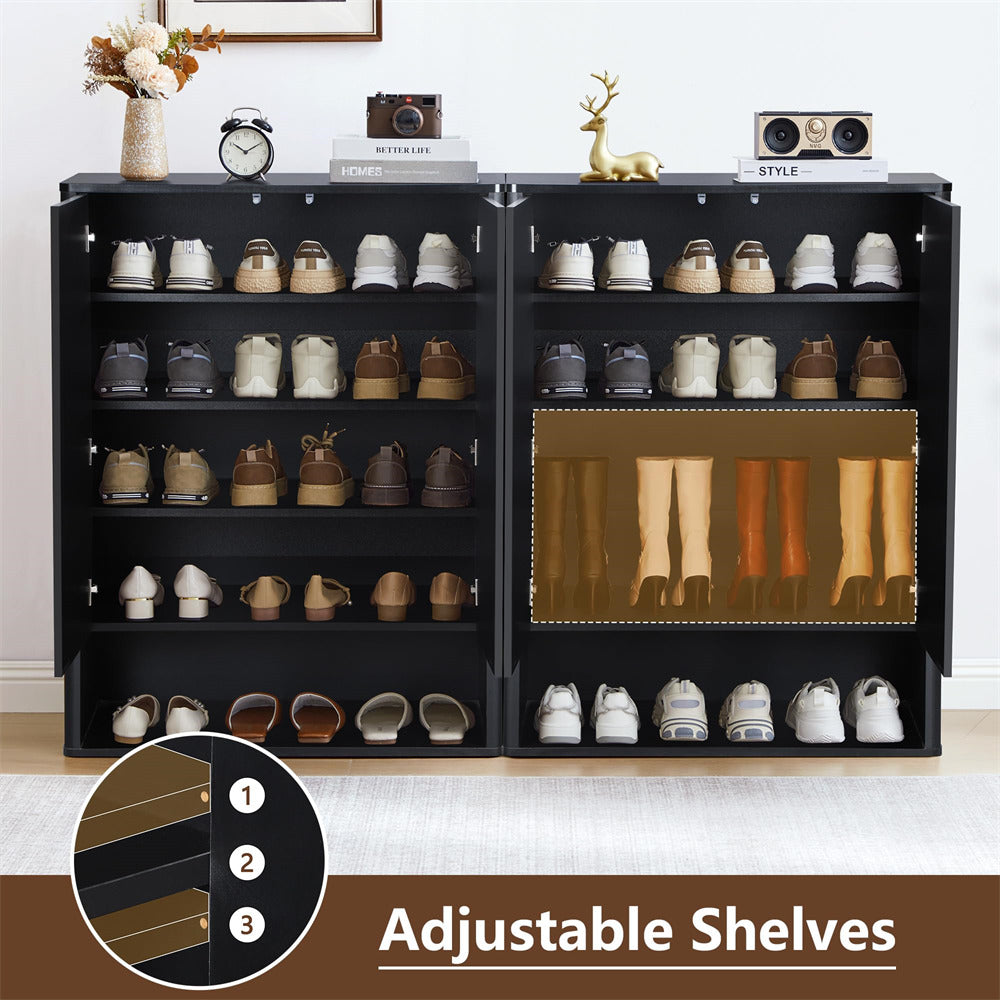 Black shoe cabinet with adjustable shelves filled with shoes and a small mirror on a white background.