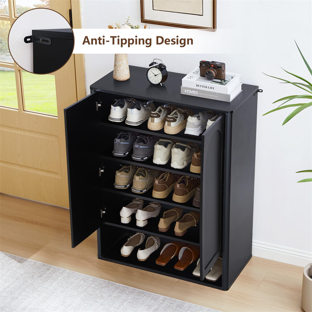 Black shoe cabinet with open door displaying various shoes, featuring an anti-tipping design.